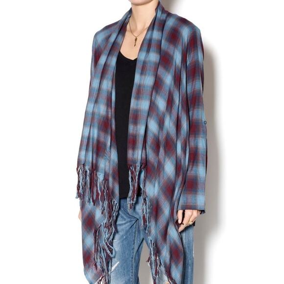 En Creme Plaid Open front Cardigan with Fringe - Picture 1 of 12